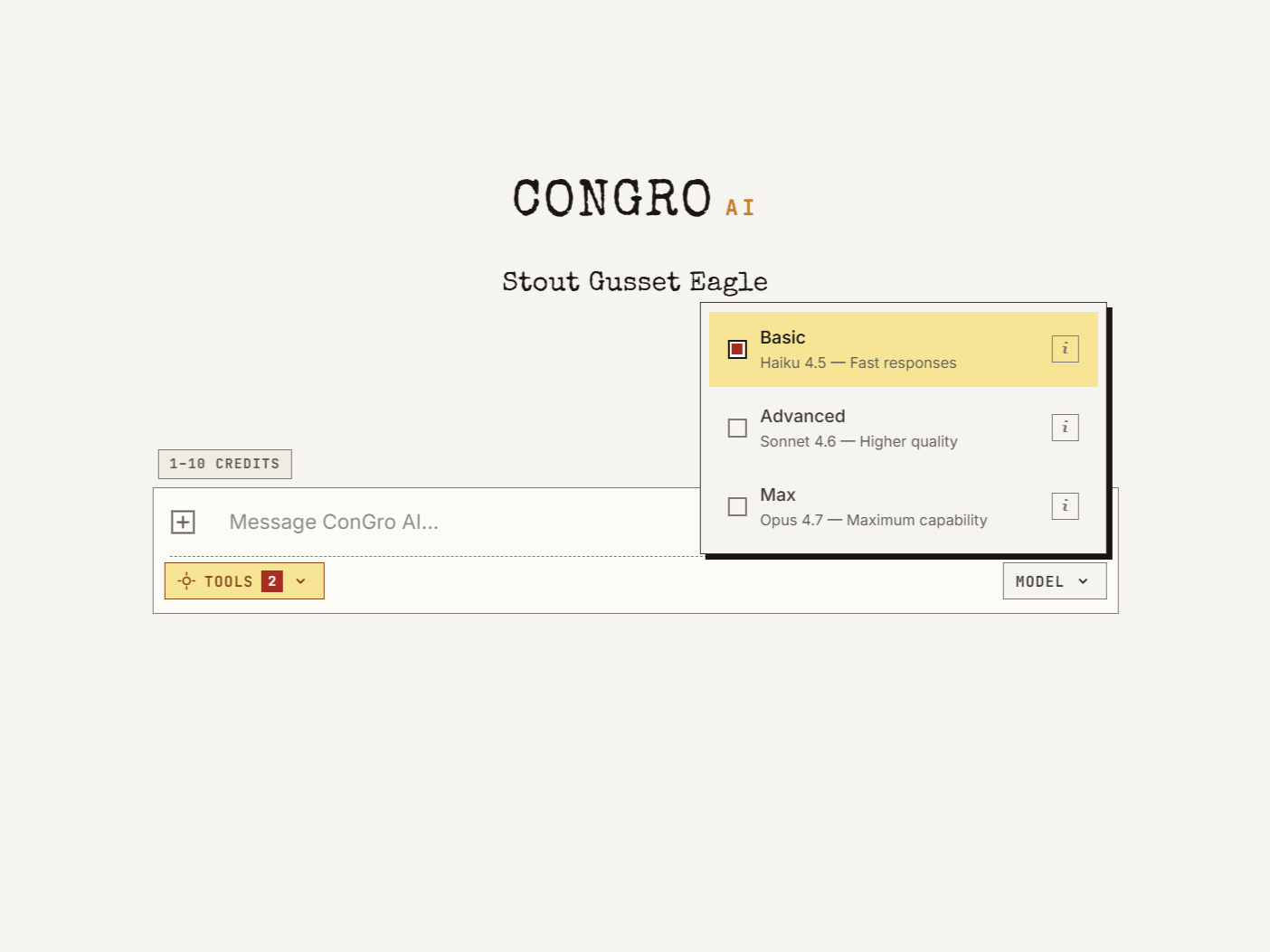 ConGro AI model picker dropdown showing Basic (Haiku 4.5, fast responses), Advanced (Sonnet 4.6, higher quality), and Max (Opus 4.7, maximum capability) tiers — Basic currently selected