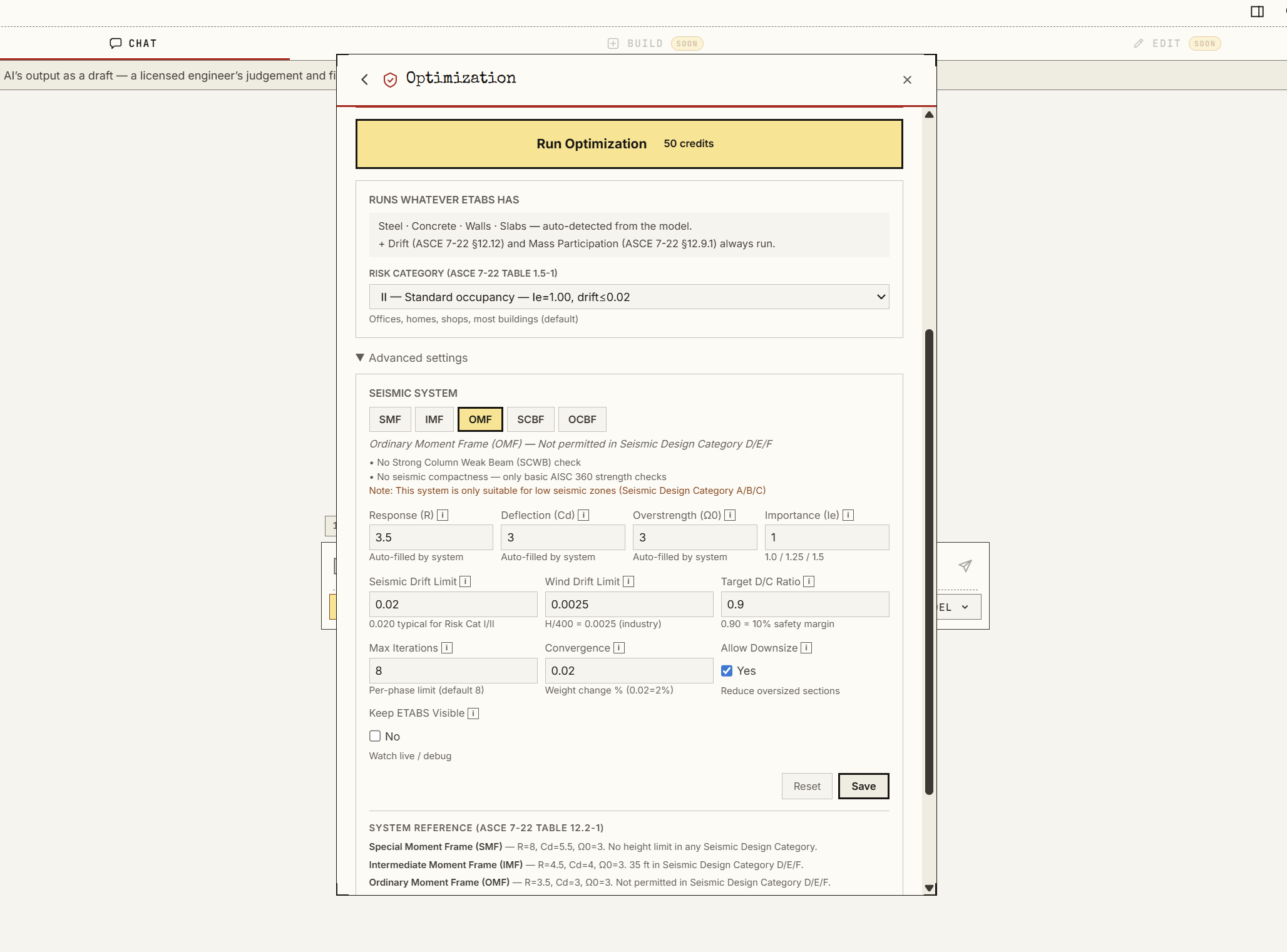 ConGro AI optimization run modal showing ASCE 7-22 risk category, seismic system selector with SMF/IMF/OMF/SCBF/OCBF radio buttons, response modification factor R, deflection amplification Cd, overstrength factor, drift limits, target D/C ratio, and convergence settings