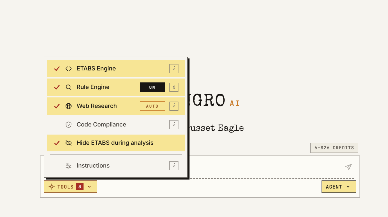 ConGro AI Tools menu with ETABS Engine, Rule Engine (ON), Web Research (AUTO) and Hide ETABS during analysis checked, plus Code Compliance and Instructions — Agent mode, 6–826 credit estimate