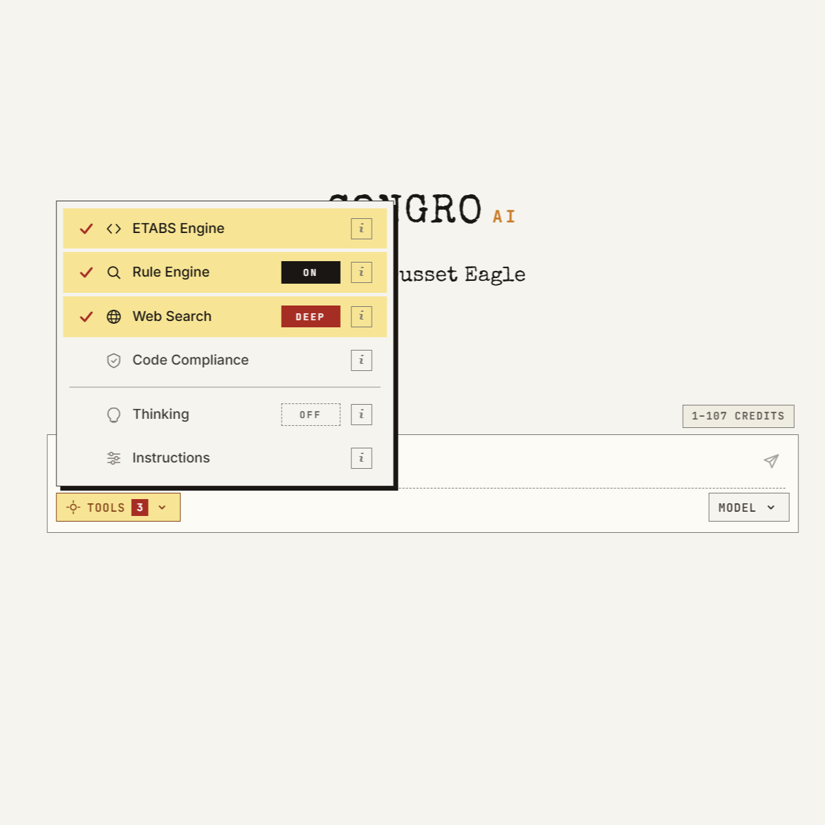 ConGro AI tools dropdown with toggles for ETABS Engine, Rule Engine (ON), Web Search (DEEP), Code Compliance, Thinking, and Instructions — three active checkmarks shown