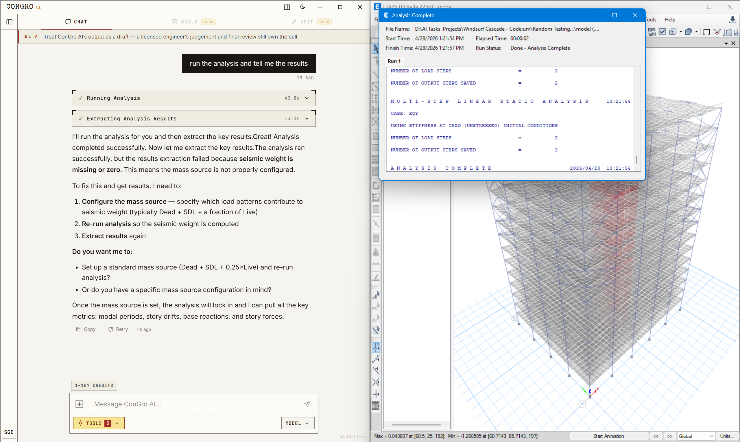 ConGro AI desktop app running an ETABS structural analysis side-by-side: chat conversation explains the analysis result, ETABS results window shows the multi-step linear static run, 3D model viewer shows the building structure